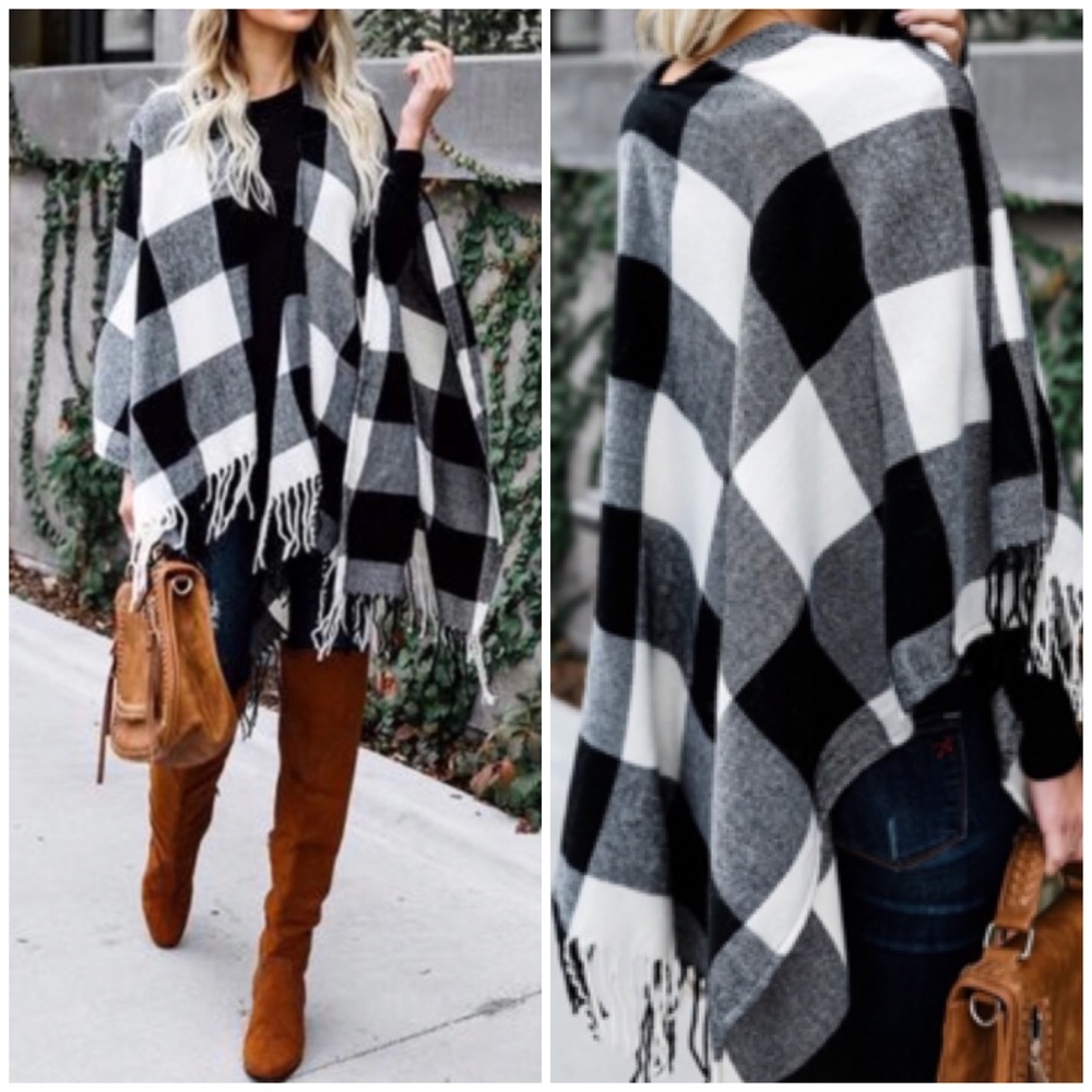 Ivory & Black Buffalo Plaid Poncho Sweater Wrap - Picture 1 of 9